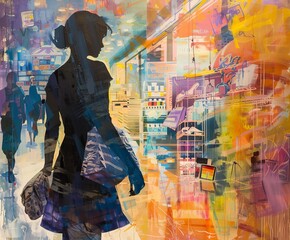 A woman is walking down a street with a shopping bag. The painting is a mix of colors and has a...