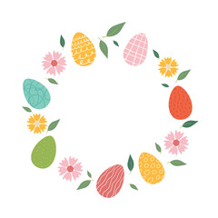 Happy Easter concept, elements for poster, greeting card. Trendy Easter design with flowers, eggs, in pastel colors on white background. Flat vector illustration.
