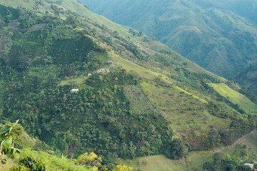 Mountainous landscape in Colombia with coffee farms. Liborina Colombia area.
