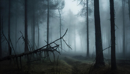 Dark forest with dead trees in fog. Dry broken branches. Mysterious scenery. Mystical atmosphere.