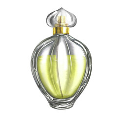 A perfume bottle made of transparent glass. Vintage yellow perfume. A hand-drawn watercolor illustration. Isolate her. For packaging, postcards and labels. For banners, flyers and posters.