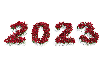 Concept or conceptual set of beautiful blooming red roses bouquets forming the year 2023. 3d illustration metaphor for hope, future, prosperity,  health, romance and love, nature, spring or summer.