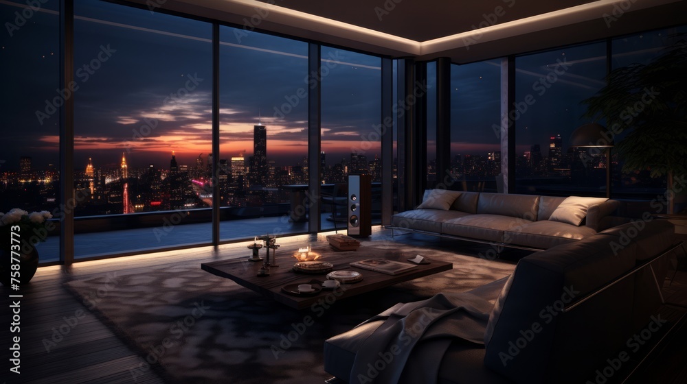 Poster generative ai high-end penthouse suite with a private cinema and entertainment system.