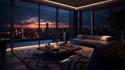 Generative AI High-end penthouse suite with a private cinema and entertainment system. - obrazy, fototapety, plakaty