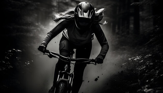 Female mountain biker rides on field and forest roads