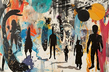 Silhouettes of people on abstract colorful background. Collage combining elements of traditional party scenes with unexpected elements like aliens or animals crashing the celebration..