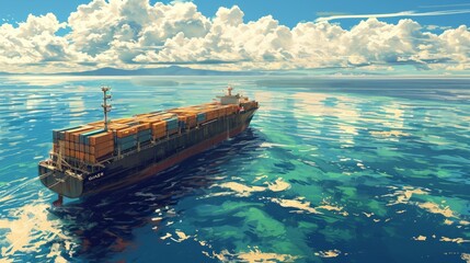 Generative AI Aerial view of a container ship, expansive ocean, calm waters, clear sky, bright and vibrant colors, detailed linework