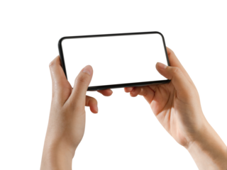 Hand play game on smartphone with blank screen on white background.