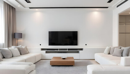  White-sofa-and-tv-unit-in-spacious-room--Luxury-home-interior-design-of-modern-living-room--panorama