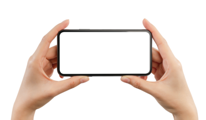 Hand play game on smartphone with blank screen on white background.