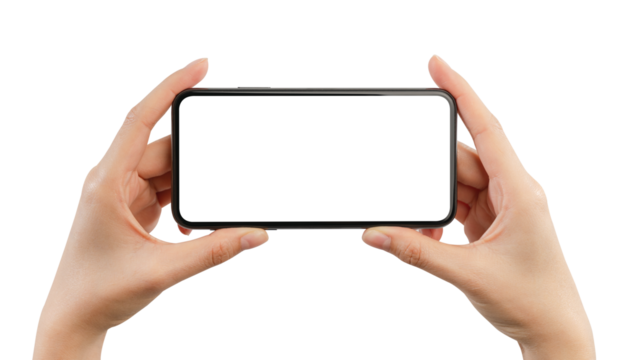 Hand play game on smartphone with blank screen on white background.