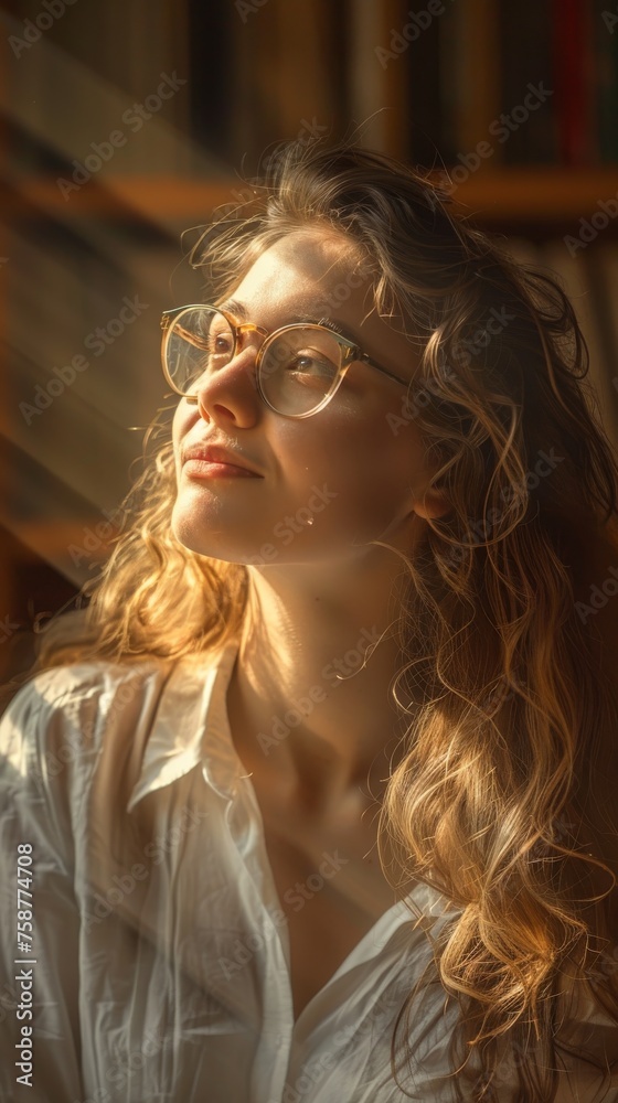 Poster a woman with glasses is seated in front of a bookshelf. she appears to be reading or studying, surro