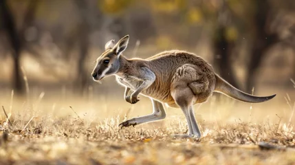 Gordijnen A kangaroo is seen bounding energetically through a field of tall grass. The marsupials powerful hind legs propel it forward, creating a dynamic scene in the natural habitat. © vadosloginov