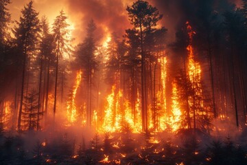 Inferno rages across expansive forest landscape - obrazy, fototapety, plakaty