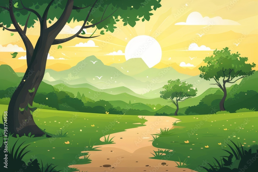 Wall mural A beautiful landscape with a tree and road, in the style of a flat design illustration