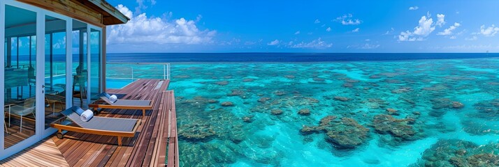 The breathtaking ocean view from the deck of an overwater villa in the Maldives, with a clear horizon