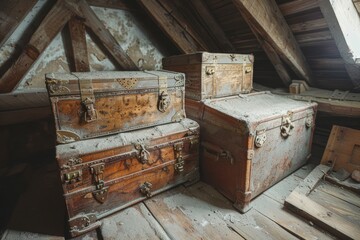 Antique Wooden Chests in Rustic Attic Room with Vintage Charm and Mysterious Ambiance