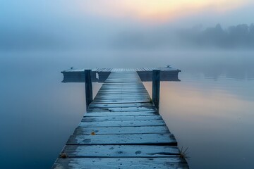 Fototapeta premium Serene Lake Jetty at Dawn with Misty Fog Over Calm Water and Tranquil Nature Scenery for Beautiful Backdrop or Wallpaper