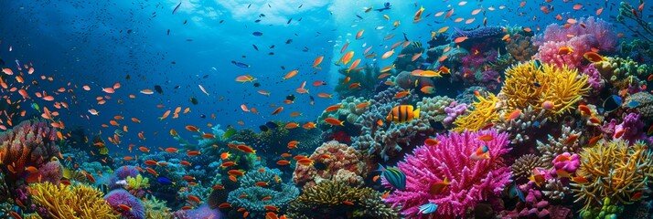 Obraz na płótnie Canvas The vibrant underwater coral reef off the coast of the Maldives, teeming with colorful marine life