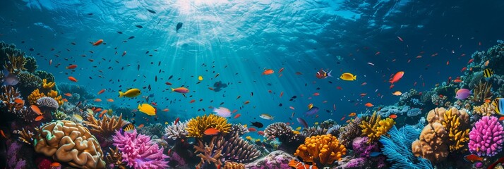 The vibrant underwater coral reef off the coast of the Maldives, teeming with colorful marine life