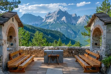 Picturesque Mountain Viewpoint with Wooden Benches and Stone Structures Overlooking Alpine Peaks - Powered by Adobe