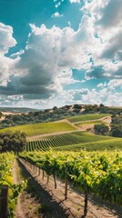 A vineyard can be seen sprawling across the rolling hills, with rows of vines neatly aligned under the bright sun.