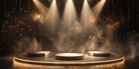 A 3D-rendered stage with three circular podiums bathed in warm, glowing lights - obrazy, fototapety, plakaty
