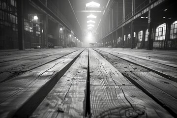 Atmospheric Black and White Photo of Vacant Industrial Interior with Symmetrical Ceiling Lights and...