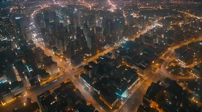 aerial drone hyper lapse, futuristic city with skyscrapers at night with busy street traffic and colorful lights, cinematic 1