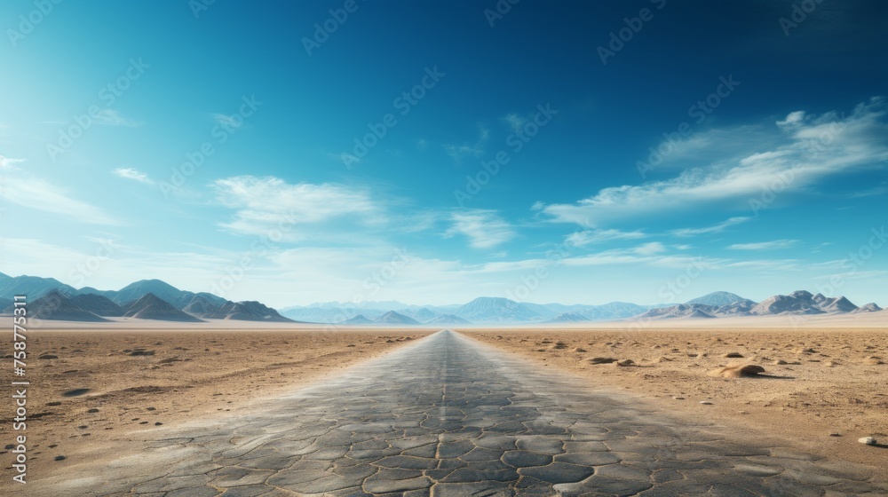 Poster Generative AI Desert Highway Vanishing Point ::1 visual showing an aerial perspective of a deserted highway in the desert, straight road disappearing into the horizon --ar 16:9 --stylize 250 --v 5.2 J