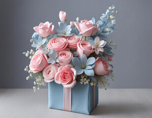 Cadeau avec bouquet de fleurs rose et bleu - IA générative	