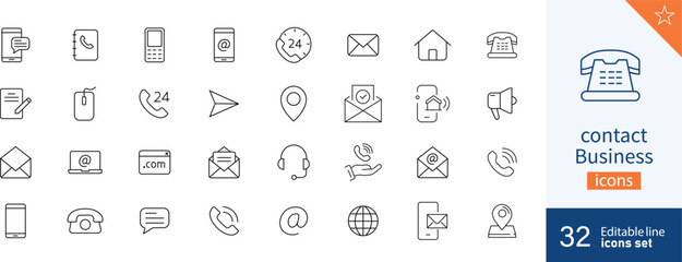 Set of 32 Contact Business web icons in line style. Icon symbol, telephone, connection, using phone, e-mail. Vector illustration.