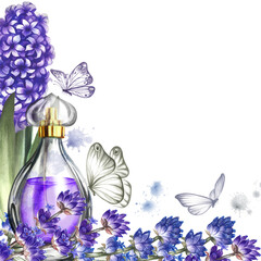 A frame with a perfume bottle made of transparent glass with purple hyacinth and lavender flowers. Hand-drawn watercolor illustration. For packaging, postcards and labels. For banners, flyers.