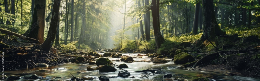 Aufkleber a stream meanders through a dense, vibrant green forest, with trees towering overhead and sunlight f