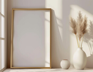 A solitary gold frame hung on a white wall near a sunlit window