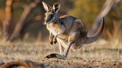 A kangaroo is seen running through a grassy field with tall trees in the background. The kangaroo is in mid-stride, displaying its powerful legs as it moves swiftly across the landscape. - obrazy, fototapety, plakaty