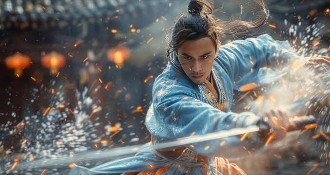 A Chinese martial arts man in blue and orange is fighting with his sword, surrounded by huge whirlwinds of energy, 