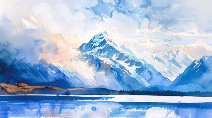A detailed watercolor painting showcasing a majestic mountain range with Mount Cook in the background, overlooking a serene lake in the foreground. The artist has captured the beauty of nature with pr - obrazy, fototapety, plakaty