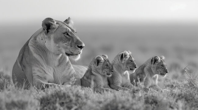 Black and white photograph depicting a lioness accompanied by her cubs