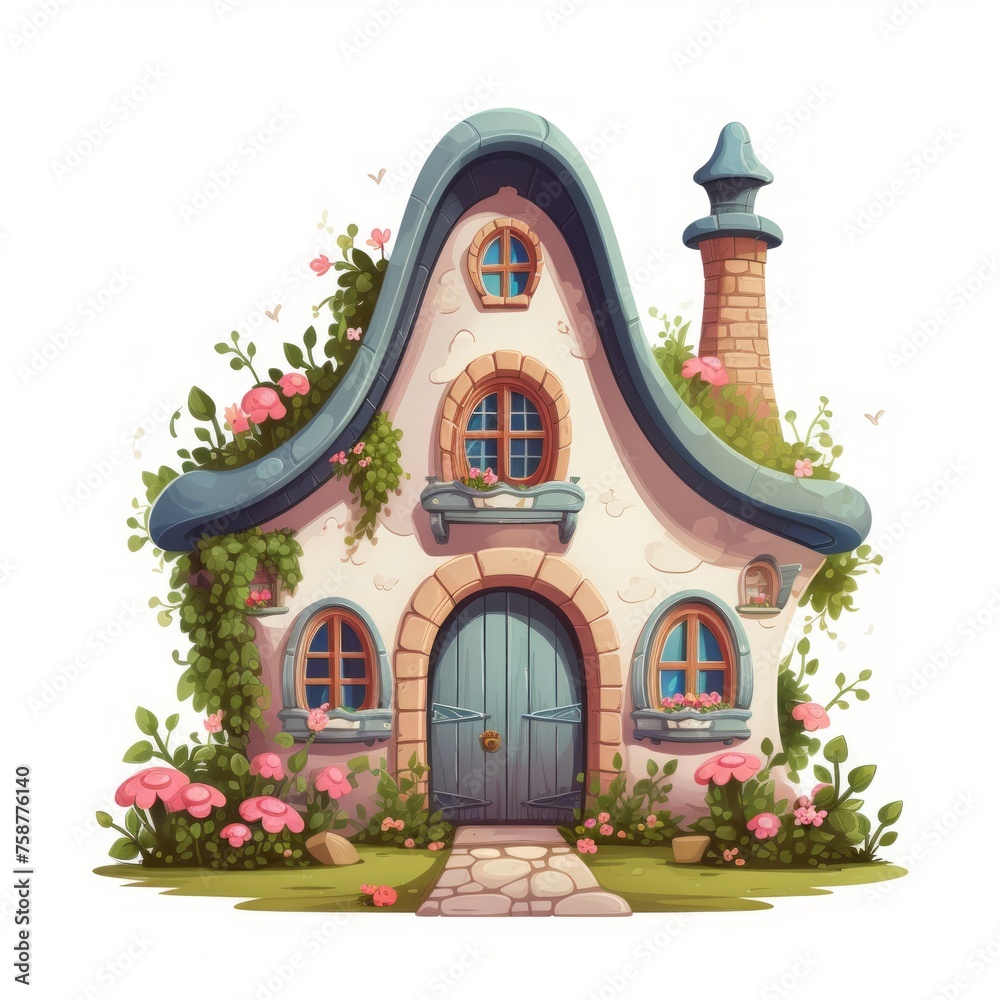 Poster generative ai a cozy fairytale dwelling featuring a quaint chimney and arched windows