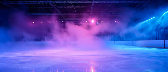 Ice Rink Background. Professional Arena illuminated blue, pink neon lights, spotlights with smoke. Copyspace. Winter poster for hockey competitions. Ice skating. Stadium. Generative ai - obrazy, fototapety, plakaty