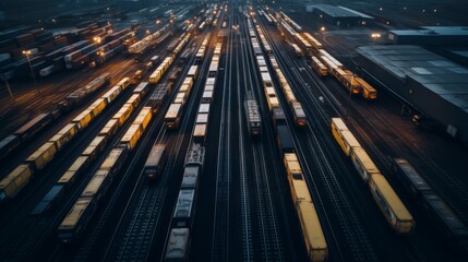 Fototapeta na wymiar Generative AI Overhead shots of a railway yard showcasing trains, cargo containers, and logistics operations.