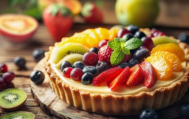 A colorful fruit tart with fresh berries, kiwi, and peach slices on a rustic wooden table.