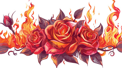 Burning love vector. love roses and fire flat vector - obrazy, fototapety, plakaty