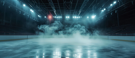 Blue Ice Rink Background. Professional Arena illuminated neon lights, spotlights with smoke. Copyspace. Winter poster for hockey competitions. Ice skating. Stadium. Generative ai - obrazy, fototapety, plakaty