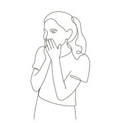 Line art of young woman surprises with hands on her face. happy excite awe