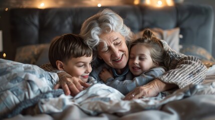 A grandmother and her two grandchildren are cuddling on a bed. The grandmother is reading a book to the children. Scene is warm and loving, as the family spends quality time together