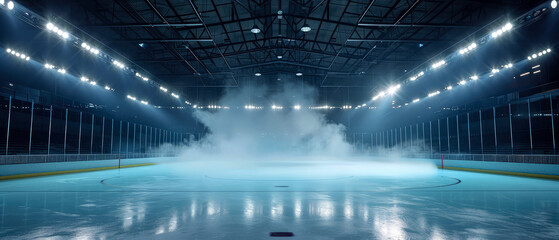 Blue Ice Rink Background. Professional Arena illuminated neon lights, spotlights with smoke. Copyspace. Winter poster for hockey competitions. Ice skating. Stadium. Generative ai