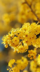 Bright yellow flowers bloom on a tree, close up view showcasing intricate details of the petals and stamen. The vibrant colors stand out against the green leaves in the background.