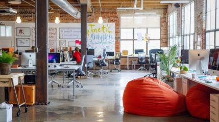 A contemporary office space featuring a large bean bag chair positioned in the center of the room. The office is tidy and minimalist in design, with visible tech gadgets and workstations around the be - obrazy, fototapety, plakaty